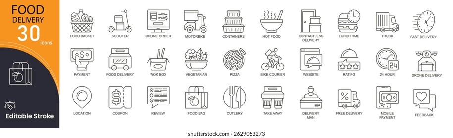 Food delivery concept simple line icons set. Bundle of menu, search, shop, feedback, online order, lunch time, payment, courier and other . Editable Stroke . Outline icons.