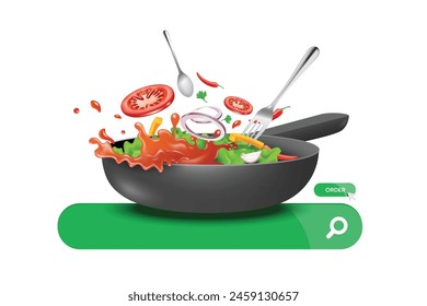 Food delivery concept ,stir-fry food or cook mix of vegetables with spoon and fork in matte black skillet with handle they're all on search tab and have an order button on the side, vector 3d isolated