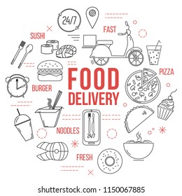 Food delivery concept. Thin line icons and symbols.