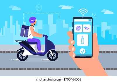 Food delivery concept vector. Screen of smartphone with tracking app. Delivery man is driving motorbike with a fresh meal and vegetables, milk, meat.  Supermarket food order online illustration.