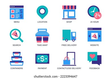 Food Delivery concept of web icons set in simple flat design. Pack of menu, location, shop, 24 hours, search, take away coffee cups, containers, payment, feedback. Vector pictograms for mobile app