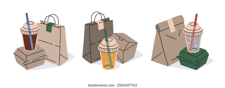 Food delivery containers. Takeaway fast food disposable containers, carton boxes, paper bags and plastic cups for cold or hot drinks flat vector illustration set. Food delivery packaging