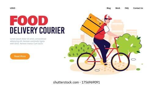 Food delivery courier banner with cartoon man in bicycle carrying box backpack and smiling. Online takeaway delivering service website homepage template, vector illustration