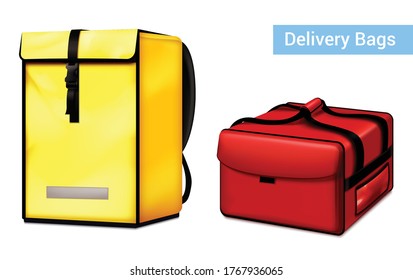 Food Delivery Courier Insulated Bag And Backpack Closeup Realistic Set Bright Yellow Red Colors  Vector Illustration 