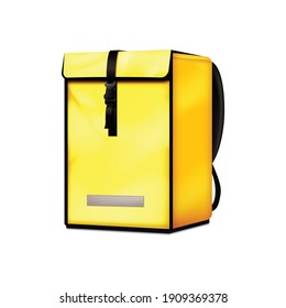 Food delivery courier insulated bag and backpack closeup realistic composition with bright yellow colors vector illustration