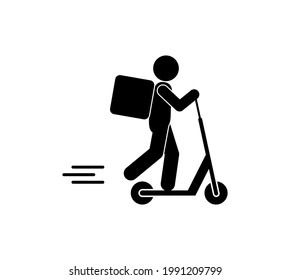 food delivery, courier on kick scooter icon, man silhouette isolated on white, vector illustration