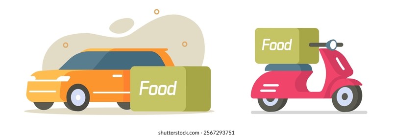 Food delivery courier service car and motor bike scooter icon vector graphic illustration set, modern motorbike auto vehicle meal order shipping orange red yellow automobile image clip art