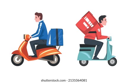 Food Delivery Courier Service with Man on Motor Scooter Carrying Bag Vector Set