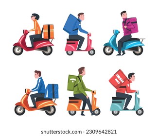 Food Delivery Courier Service with Man on Scooter Carrying Bag Vector Set