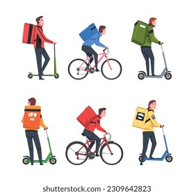 Food Delivery Courier Service with Man on Scooter and Bicycle Carrying Bag Vector Set