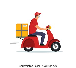 Food Delivery. Courier Service On Motorcycle. Fast Delivery Of Food From Restaurant. Man On Scooter With Meal, Pizza And Grocery. Person With Box On Motorbike For Distribution Of Order. Vector.