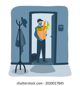 Food delivery courier wears mask and gloves, holding groceries in a paper bag. The delivery man standing on a doorstep. Safe delivering to the home. A vector cartoon illustration.