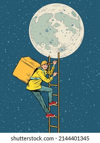 food delivery courier, worker climbs stairs to the moon. city service. Pop art retro vector illustration comic caricature 50s 60s style vintage kitsch