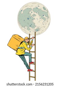 Food Delivery Courier, Worker Climbs Stairs To The Moon. City Service. Pop Art Retro Vector Illustration Comic Caricature 50s 60s Style Vintage Kitsch