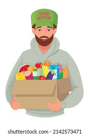 Food delivery courier young male character in uniform holding a box with assortmented food. Grocery goods vegetables, fruits, cheese, meat, dairy products packed. Delivery service of supermaket, store