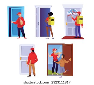 Food delivery, couriers stand at the door - flat vector illustration isolated on white background. Men and women deliver pizza to the door.