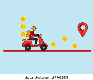 Food Delivery in COVID-19 crisis concept: There are many golden coins, rider with scooter to delivery food. Cartoon vector style for your design.