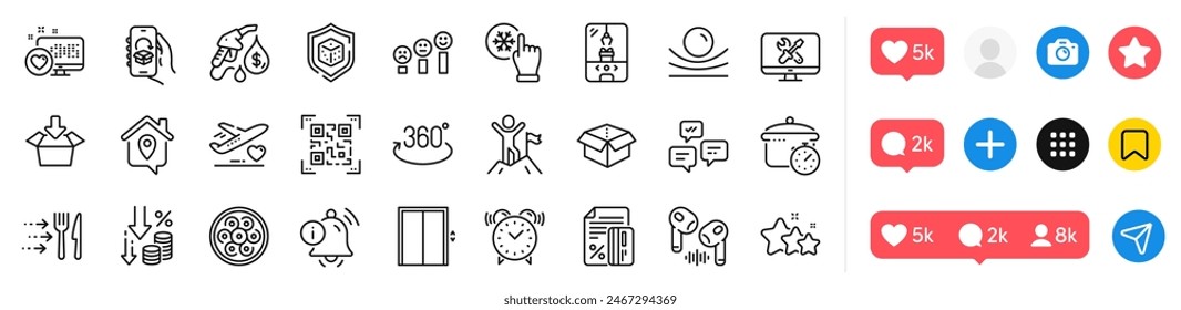 Food delivery, Credit card and Qr code line icons pack. Social media icons. Chat messages, Stars, Information bell web icon. Delivery app, Heart, Open box pictogram. Vector