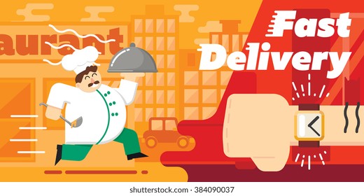 Food Delivery. Cute Chef Courier Character Rushing To Deliver Hot Dinner And Human Hand With Watch. Fast Restaurant Food Delivery Service Advertising Vector Poster. Express Lunch Shipping