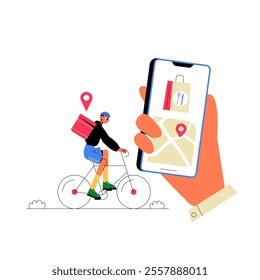 Food Delivery Cyclist With Mobile App Screen Showing Location Icon In Flat Vector Illustration Symbolizing Food Tracking, Delivery Services, And Navigation, Isolated On White Background