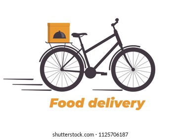 Food delivery design. Bicycle with box on the trunk. Food delivery service logo. Fast delivery. Flat vector illustration