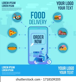 Food delivery design by scooter on a smartphone app order now tracking a delivery man with a ready meal.E-commerce, technology and logistics concept.