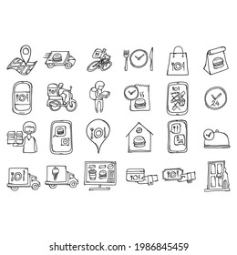 Lebensmittellieferung Doodle Vektorsymbol-Set. Zeichnen Skizze Illustration handgezeichnet Linie.