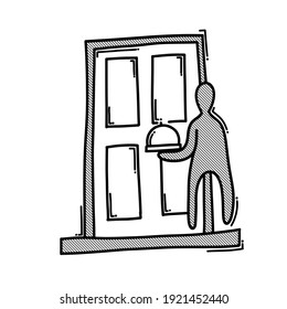 Entrega de comida en el icono del vector del doodle de la puerta. Línea dibujada a mano en la ilustración del esbozo de dibujo.