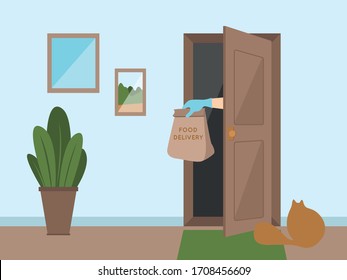 Food delivery to the door. House, apartment, cat, picture, flowers. Coronavirus, COVID 19. Stay at home, keep your distance. Gloved delivery man. Contactless payment. Courier. Paper bag with eco food