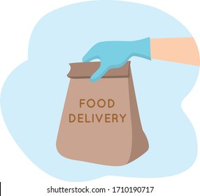 Food delivery to the door. Vector in flat style. Gloved hand. Coronavirus, COVID 19. Stay at home, keep your distance. Gloved delivery man. Contactless payment. Courier. Paper bag with eco food