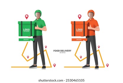 Drivers de entrega de alimentos em uniformes verdes e laranja carregam caixas ou sacos retangulares de alimentos para entregar alimentos ao longo de uma rota GPS para os clientes, vetor 3d isolado no fundo branco para design de comércio eletrônico