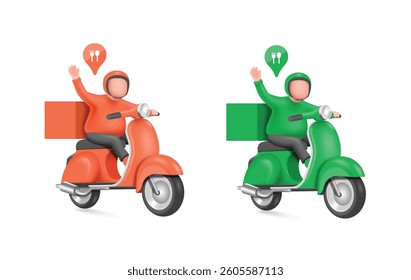 Food delivery drivers in orange and green uniforms sit on scooter waving at customers when they arrive at the location marked with a pin, vector 3d illustration isolated for delivery concept