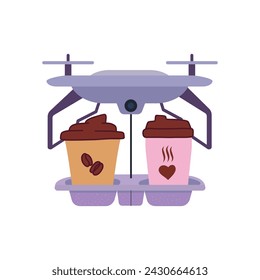 Alimentos de entrega de drones. Ilustración vectorial de entrega de café de drones. Quadcopter transportando café. Concepto aislado sobre fondo blanco.