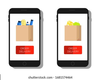 Food delivery. Drug delivery. Illustration of a home delivery application. Service for ordering food. Phone with a button to order food. Vector.