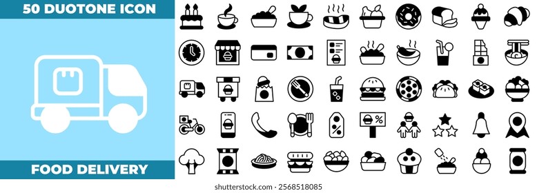 Food Delivery Duotone Editable Icons set. Vector illustration in modern thin duotone style of food delivery icons: food, restaurant, fast food, scooter, application, deliver, etc