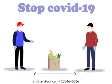 Food delivery during the coronavirus. Keep your distance. A masked and gloved delivery man delivers food. Vector illustration