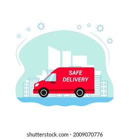 A Food Delivery During The Coronavirus Pandemic. A Red Van With The Inscription - Safe Delivery. Contactless Delivery. The Icon On Blue Background.