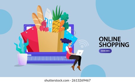 Food delivery. E-commerce advertising illustration. fast online delivery service. Internet digital store scene with woman on shopping. credit cards and discount coupons. digital marketing. Vector