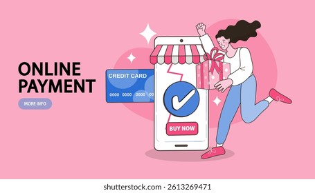 Food delivery. E-commerce advertising illustration. fast online delivery service. Internet digital store scene with woman on shopping. credit cards and discount coupons. digital marketing. Vector