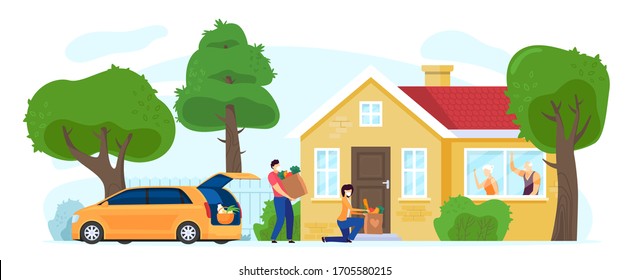 Food delivery for eldery people, vector illustration. Old couple in protective masks inside, caring for people at risk. Family leaves products for parents character on house porch.