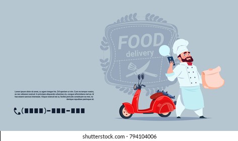 Food Delivery Emblem Concept Chef Cook Standing At Red Motor Bike Over Template Background Banner With Copy Space Flat Vector Illustration