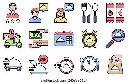 Food delivery essentials icons set 4, filled style vector illustration