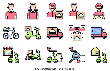 Food delivery essentials icons set 3, filled style vector illustration