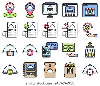 Food delivery essentials icons set 2, filled style vector illustration