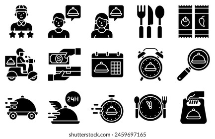 Food delivery essentials icons set 4, solid style vector illustration