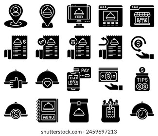 Food delivery essentials icons set 2, solid style vector illustration