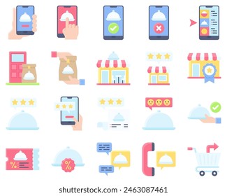 Food delivery essentials icons set, flat style vector illustration