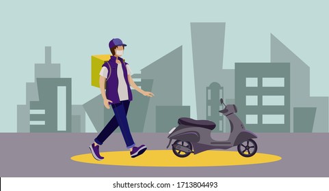 Food delivery. Express courier  Delivery scooter guy. Vector illustration on the theme of delivery. Stock illustration in a cardboard style.
The relevance of quarantine delivery