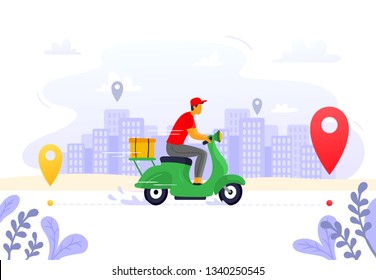 Food Delivery. Express Courier Supply, Carrier On Freight Scooter And Parcel Box Route. Fast Food Delivery Service, Motorbike Driver Courier Or Gps Pizza Deliveries Vector Illustration