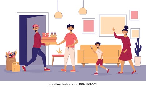 Food Delivery Family Composition Food Courier Is Met On The Doorstep By Whole Family Vector Illustration